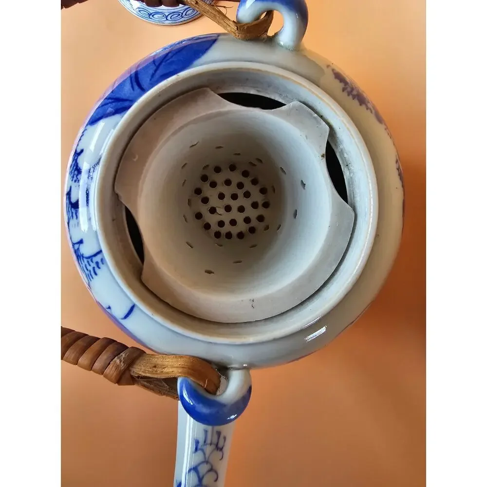 Vintage Blue White Teapot Wicker Handle Lid - Chinoiserie Style